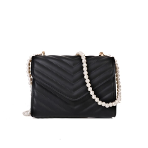 Classic black quilted crossbody bag with pearl chain strap and elegant V-pattern finish
