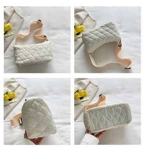 Detailed four-view display of a beige quilted crossbody bag with adjustable strap