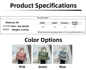 Detailed dimensions of quilted square crossbody bag in pink, green and blue patterns