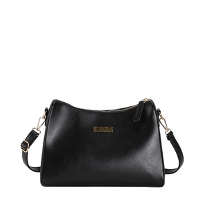 Minimalist black leather crossbody bag for women with gold hardware and top zipper