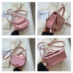 Multi-angle view of pink quilted saddle bag showing front, side and back details
