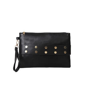 Classic black leather rivet envelope bag with golden hexagonal studs and hand strap