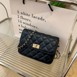 Chic black quilted crossbody bag with golden chain strap and metal turn-lock closure