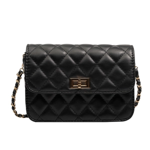 Classic black quilted crossbody bag with gold chain strap and metal lock closure
