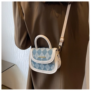 Detail of blue and white argyle shoulder bag with gold hardware worn by a model