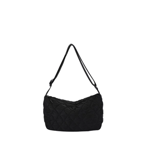 Classic black quilted crossbody bag with diamond stitching and adjustable strap