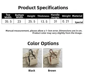 Detailed size chart for large canvas tote bag with specific dimensions and weight details