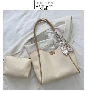 White and khaki tote bag set with matching pouch and brown polka dot silk scarf detail