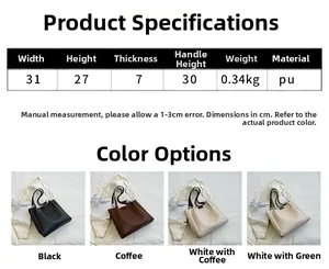 Size chart showing dimensions and colors for the large capacity PU leather tote bag
