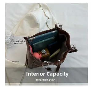 Internal capacity of brown leather tote bag with tablet, umbrella and daily essentials