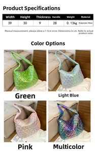 Detailed dimensions and color options for large quilted holographic shoulder tote bag