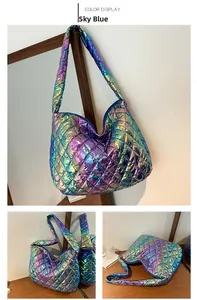 Close-up of quilted sky blue bag with metallic iridescent finish and large capacity
