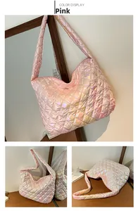 Detailed views of a pink holographic quilted tote bag with diamond stitching and large capacity