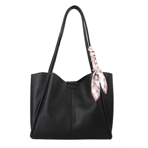 Classic black large capacity tote bag with elegant pink polka dot silk scarf decoration