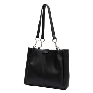 Minimalist large capacity black tote bag with silver chain straps and matte PU leather finish