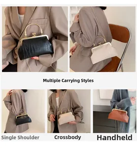 Retro frame bag with crocodile texture shown in shoulder, crossbody, and handheld ways