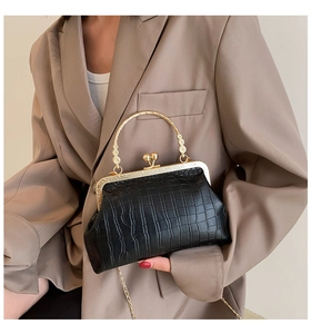 Detailed macro of vintage black crocodile texture bag with gold clasp and metal chain