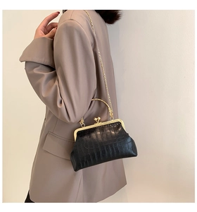 Close-up of black crocodile pattern leather bag with vintage gold metal clasp and chain