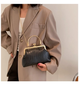 Detail of vintage black crocodile pattern clasp bag with golden spherical metal buckle