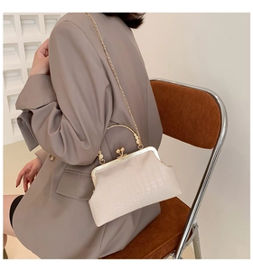 Detail of a creamy white crocodile pattern clip bag with a golden chain strap