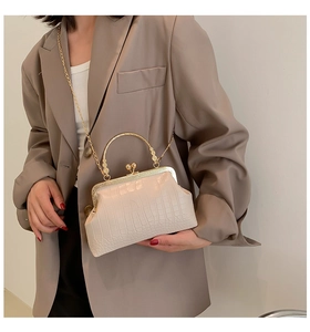 Detail of creamy white crocodile embossed bag with gold clasp and metal ring handle