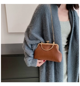 Detail of a brown crocodile pattern crossbody bag with a gold ring handle and chain