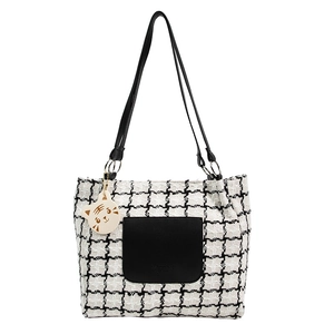 Plaid tweed tote bag with black leather front pocket and cute cartoon cat charm