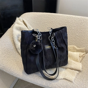 Women Quilted Nylon Shoulder Tote Bag Large Capacity Casual Commuter Handbag With Chain Strap And Plush Ball Decor