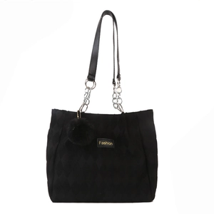 Retro black quilted tote bag with chain strap and cute plush charm for women