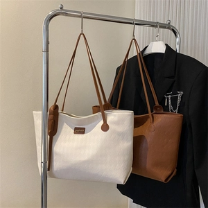 Retro large capacity woven tote bags for women in cream and brown with long shoulder straps