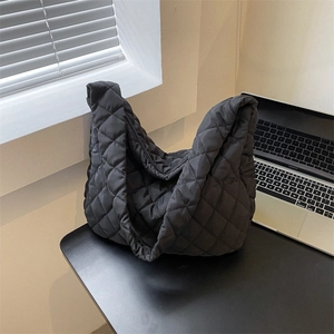 Quilted black nylon hobo tote bag with rhombic pattern for casual daily commuting