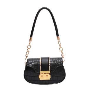 Black crocodile pattern shoulder bag with golden chain strap and buckle for women