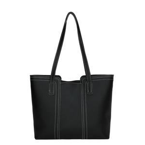 Minimalist black tote bag with white contrast stitching and large capacity shoulder straps