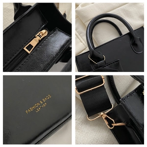 Détails du sac en cuir verni noir montrant la fermeture dorée, le logo et les ferrures