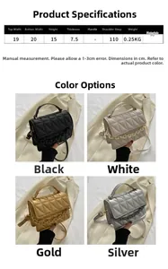 Detailed size specifications for quilted PU leather handbags with metal chain accessories