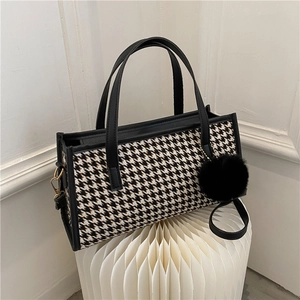 Women Plush Houndstooth Leopard Cow Print Handbag With Fur Ball Pendant Crossbody Shoulder Bag Small Square Faux Fur Satchel