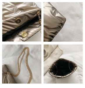 Details der champagnergoldenen Stepptasche mit Kettengurt und Magnetverschluss