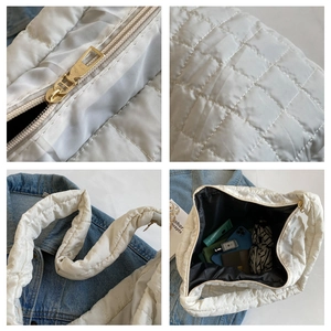 Detailed views of white quilted puffer bag showing zipper, fabric texture and large capacity