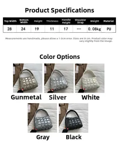 Detailed size chart for quilted tote bags with dimensions and metallic PU color options