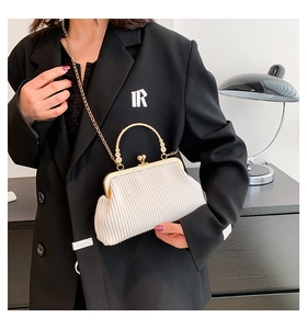 Detail einer weißen Faltenhandtasche mit goldenem Metallgriff und Kette auf schwarzem Blazer