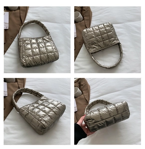 Multi-angle view of champagne metallic quilted tote bag with padded soft texture