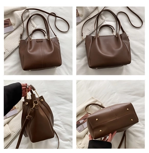 Multi-angle view of brown leather tote bag showing structure and bottom studs