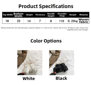 Detailed size chart and dimensions for woven chain shoulder bag with bow decoration