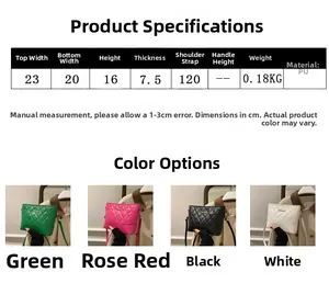 Detailed size chart for quilted PU leather crossbody bag in green, rose, black, and white