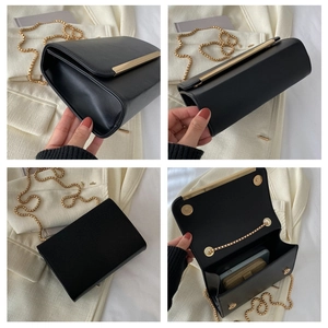 Detalle de bolso negro con solapa y cadena dorada mostrando ángulos y espacio interior