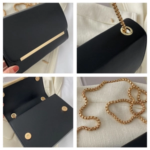 Detalles del bolso bandolera negro con cadena dorada y cierres magnéticos