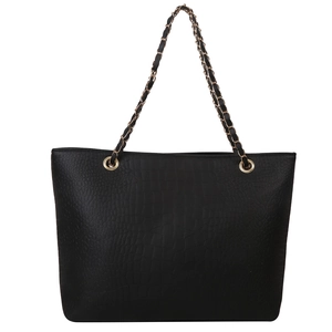 Minimalist black crocodile pattern tote bag with gold chain strap for women