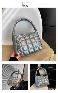 Detailed views of grey quilted puffy tote bag in natural light and indoor settings