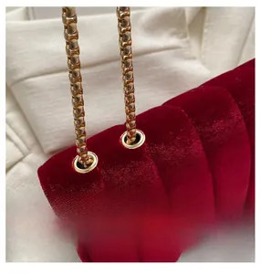 Macro detail of wine red velvet handbag showing golden metal chain and reinforced eyelets
