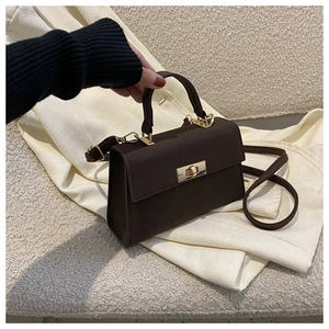 Detailed close-up of dark brown vintage square bag with elegant golden twist lock